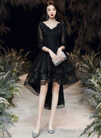 Black Tulle With Lace High Low Prom Dresses Black V-Neckline Homecoming Dresses
