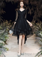 Black Tulle With Lace High Low Prom Dresses Black V-Neckline Homecoming Dresses