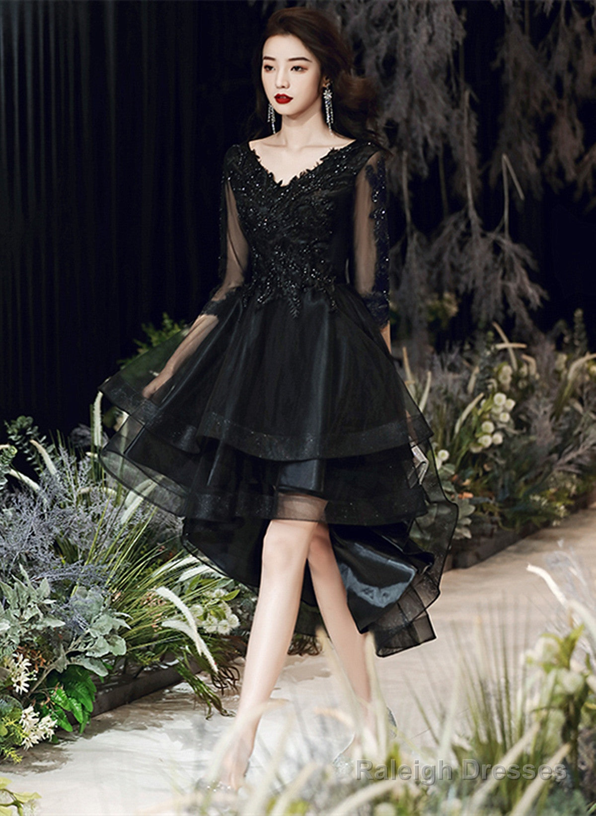 Black Tulle With Lace High Low Party Dress, Black V-Neckline Homecoming Dress Main image