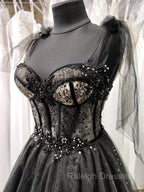 Black Tulle with Lace Straps Long Prom Dresses Black Long Prom Dresseses