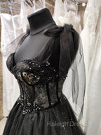 Black Tulle with Lace Straps Long Formal Dress, Black Long Evening Dress Prom Dress