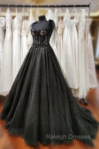 Black Tulle with Lace Straps Long Formal Dress, Black Long Evening Dress Prom Dress