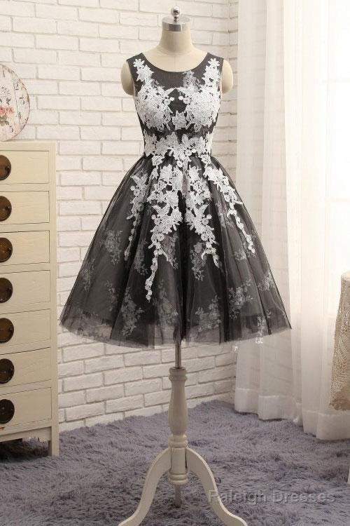 Black Tulle With White Lace Round Neckline Knee Length Homecoming Dress Cute Prom Dress Secondary image