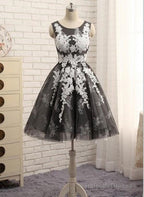 Black Tulle With White Lace Round Neckline Knee Length Homecoming Dresses, Cute Party Dresses