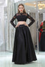 Black Two Piece Long Sleeve Floor Length Satin Prom Dresses with Lace