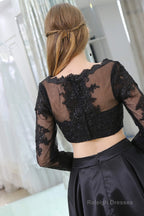 Black Two Piece Long Sleeve Floor Length Satin Prom Dresses with Lace