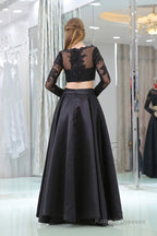 Black Two Piece Long Sleeve Floor Length Satin Prom Dresses with Lace