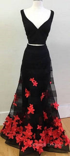 Black Two Pieces Applique Long Prom Dresses Black Prom Dresses