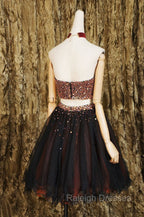 Black Two Pieces Beads Tulle Short Prom Dress Black Homecoming Dress