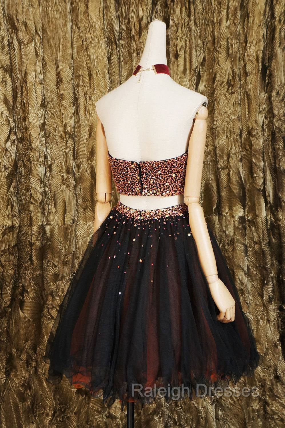 Black Two Pieces Beads Tulle Short Prom Dress Black Homecoming Dress
