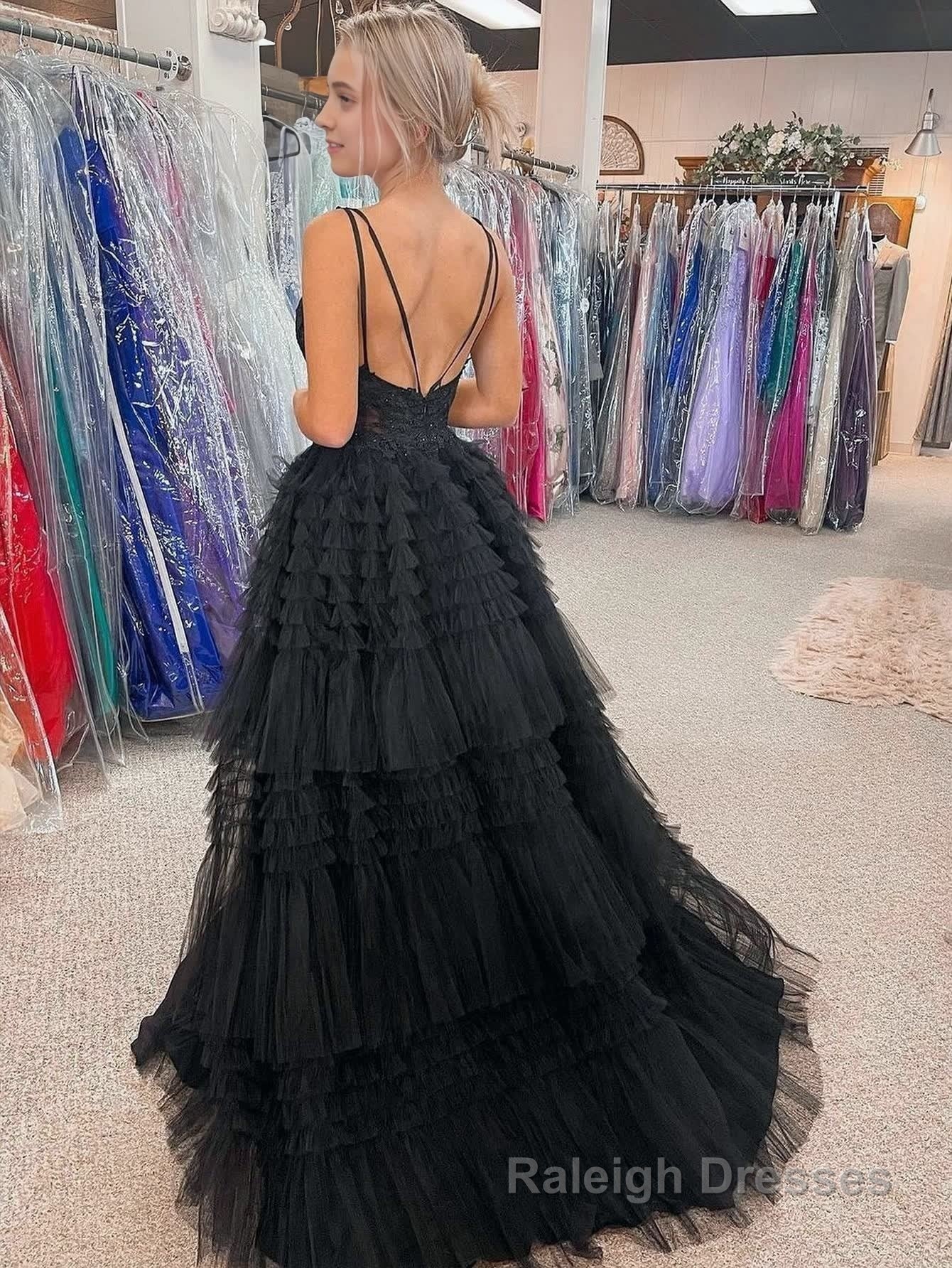 Black V Neck Asymmetrical Tulle Long Prom Dress Secondary image