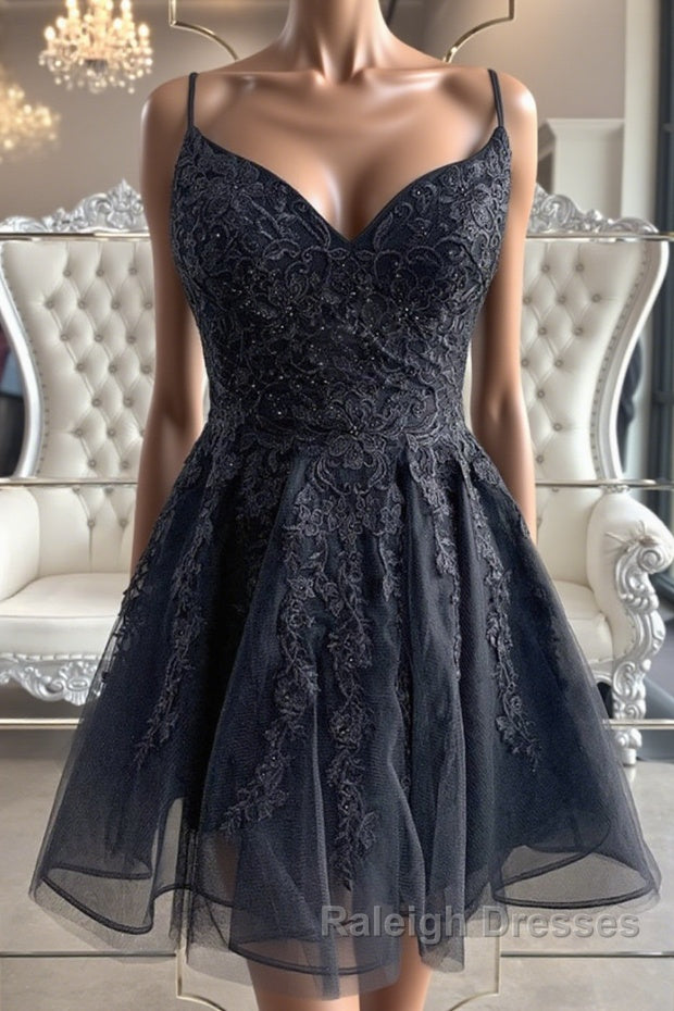 Black V Neck Backless Lace Short Prom Dresses, Backless Black Lace Homecoming Dresses, Black Lace Formal Evening Dresses Main image