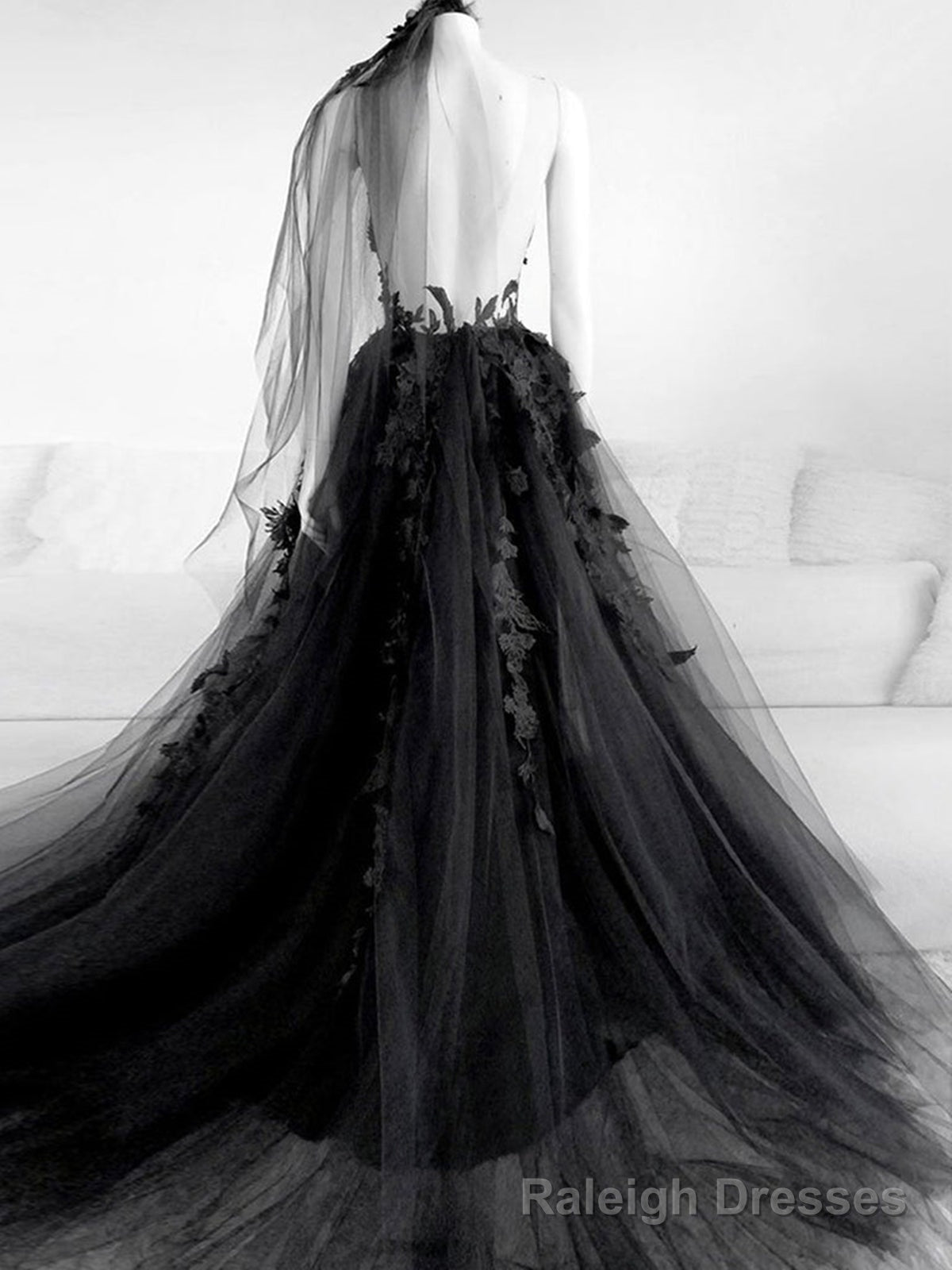 Black V Neck Backless Lace Wedding Dresses,Open Back Black Bridal Gowns Secondary image