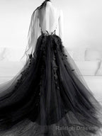 Black V Neck Backless Lace Wedding Dresses,Open Back Black Bridal Gowns