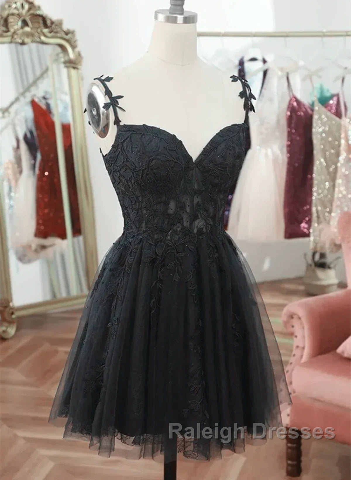 Black V Neck Beaded Tulle And Lace Prom Dress, Cute Black Homecoming Dress Secondary image