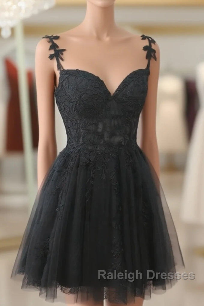 Black V Neck Beaded Tulle And Lace Prom Dress, Cute Black Homecoming Dress Main image