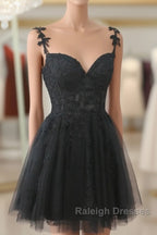 Black V Neck Beaded Tulle And Lace Prom Dress, Cute Black Homecoming Dress