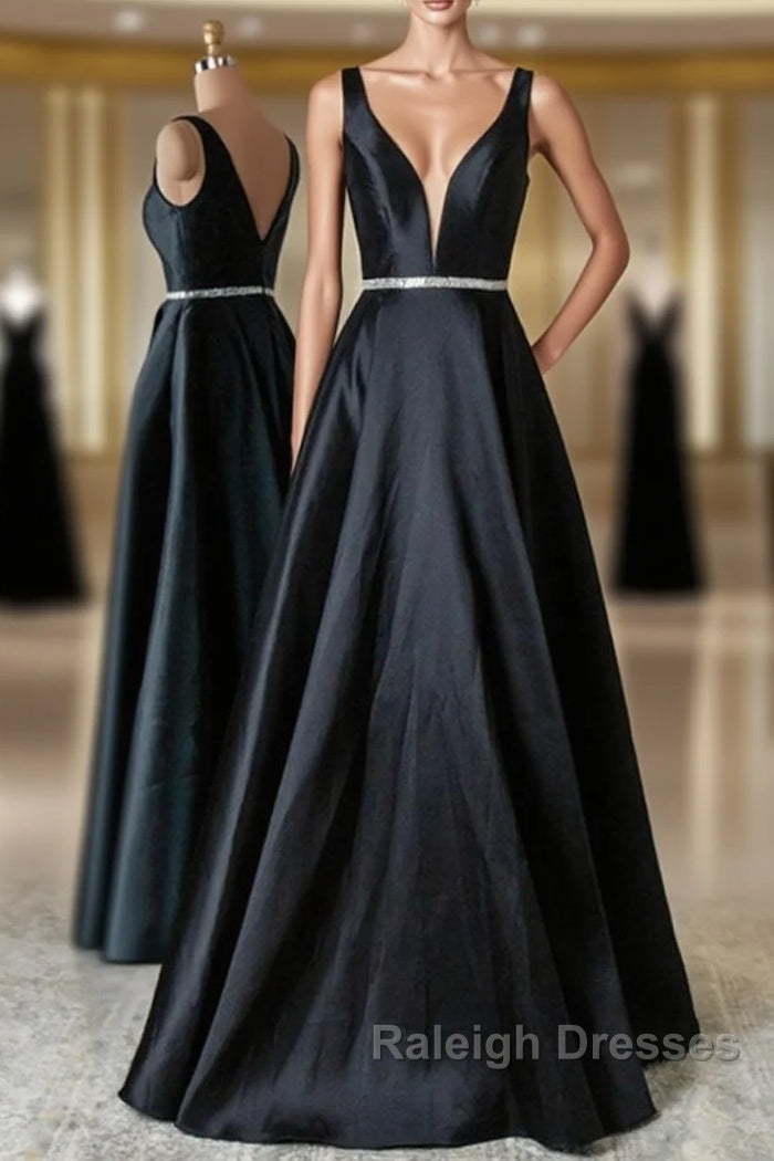 Black V Neck Beading Satin Prom Dress