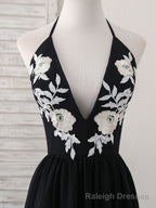 Black V Neck Chiffon Lace Long Prom Dress Black Evening Dress