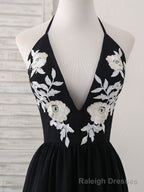 Black V Neck Chiffon Lace Long Prom Dress Black Prom Dress