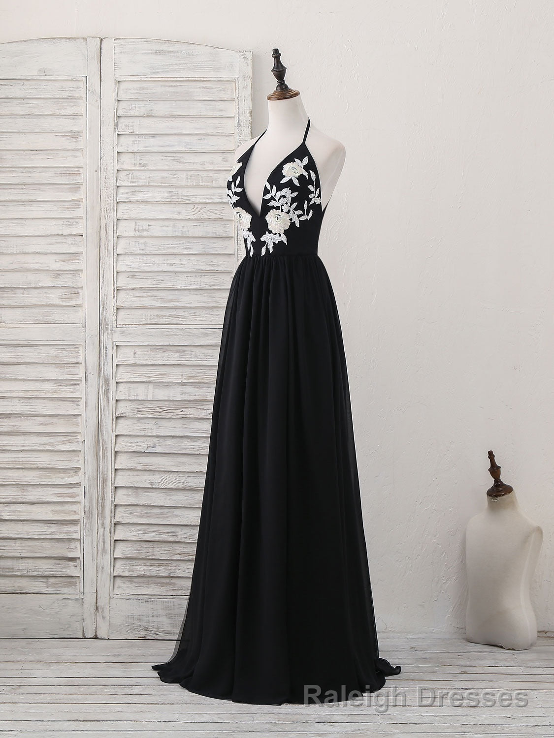 Black V Neck Chiffon Lace Long Prom Dress Black Prom Dress Main image