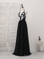 Black V Neck Chiffon Lace Long Prom Dress Black Prom Dress