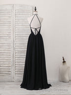 Black V Neck Chiffon Lace Long Prom Dress Black Prom Dress