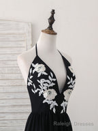 Black V Neck Chiffon Lace Long Prom Dress Black Prom Dress