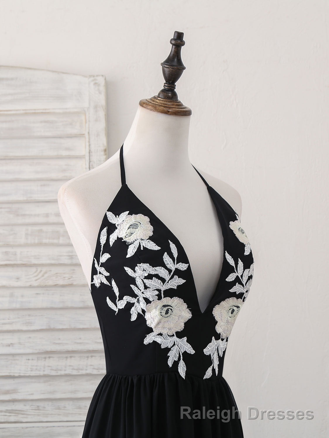 Black V Neck Chiffon Lace Long Prom Dress Black Prom Dress