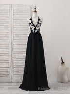 Black V Neck Chiffon Lace Long Prom Dress Black Prom Dress