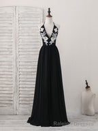Black V Neck Chiffon Lace Long Prom Dress Black Evening Dress