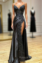 Black V-Neck Lace Long Formal Dress, Black Spaghetti Strap Evening Gown with Leg Slits