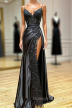Black V Neck Lace Long Formal Dress, Black Spaghetti Strap Prom Gowns with Leg Slits
