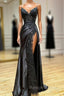Black V Neck Lace Long Formal Dress, Black Spaghetti Strap Prom Gowns with Leg Slits
