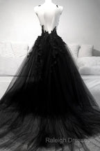 Black V Neck Lace Long Prom Dress A Line Evening Dress