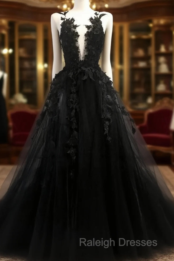 Black V Neck Lace Long Prom Dress A Line Evening Dress