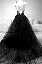 Black V Neck Lace Prom Dresses Long A-Line Prom Dresses