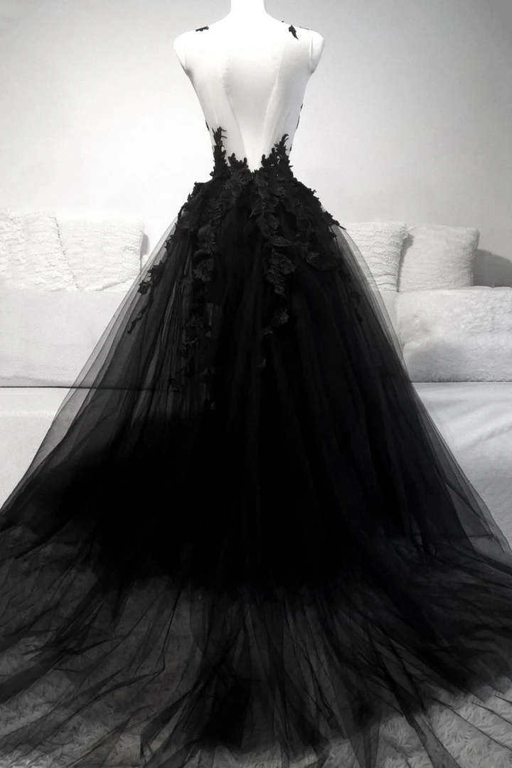 Black V Neck Lace Prom Dresses Long A-Line Prom Dresses