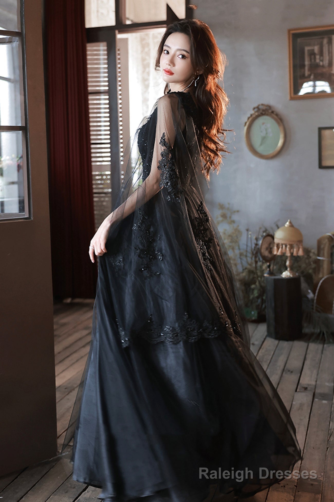 Black V-Neck Lace Long Prom Dresses Black A-Line Prom Dresses
