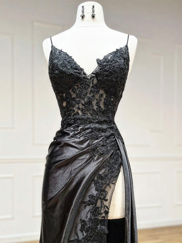 Black V Neck Lace Satin Long Formal Prom Dress, Black Formal Prom Dress