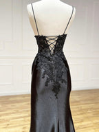 Black V Neck Lace Satin Long Formal Prom Dress, Black Formal Prom Dress