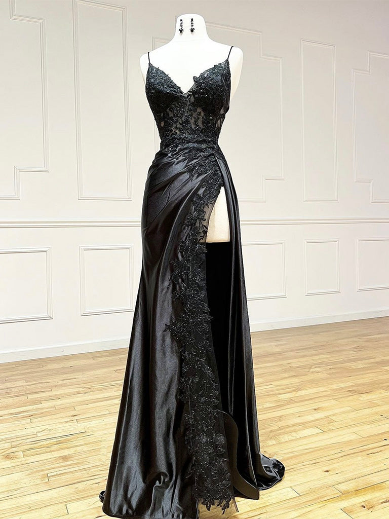 Black V Neck Lace Satin Long Formal Prom Dress, Black Formal Prom Dress