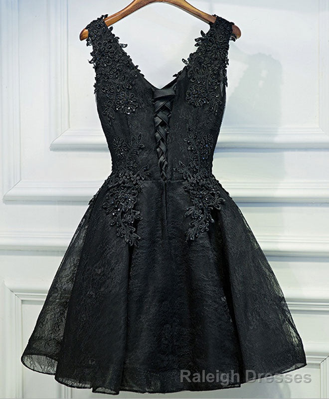 Black V Neck Lace Short Prom Dress, Black Cute Homecoming Dresses Main image