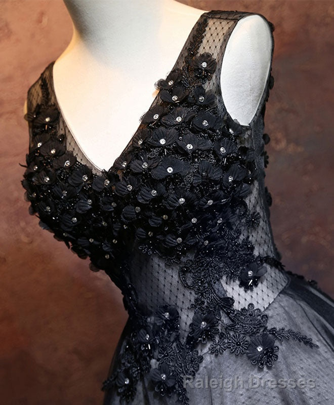 Black V Neck Lace Short Prom Dress, Black Evening Dress