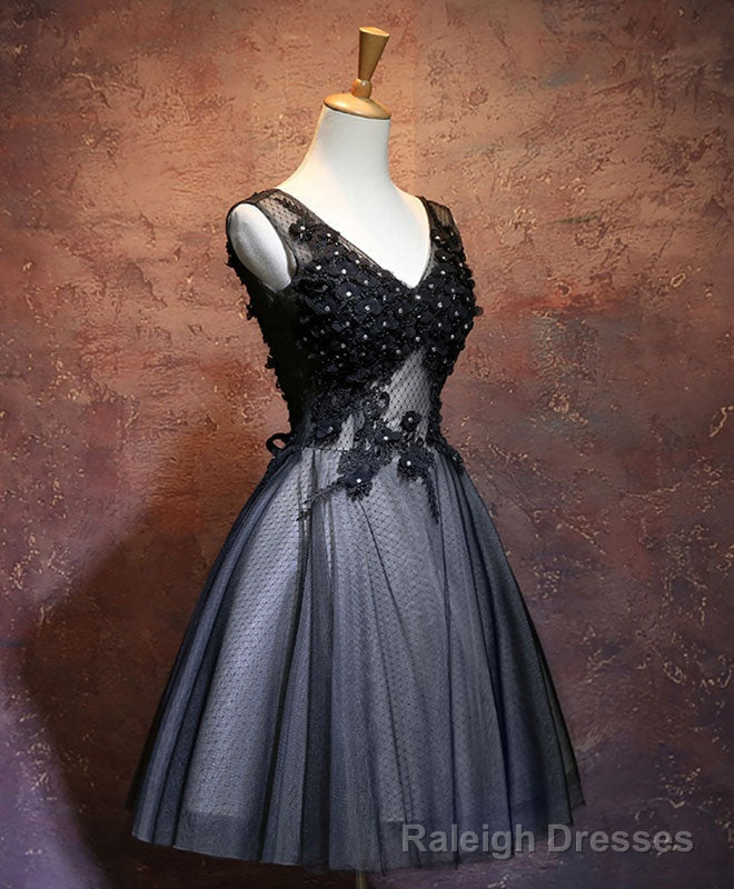 Black V Neck Lace Short Prom Dress, Black Evening Dress Main image