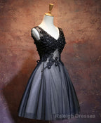 Black V Neck Lace Short Prom Dress, Black Evening Dress