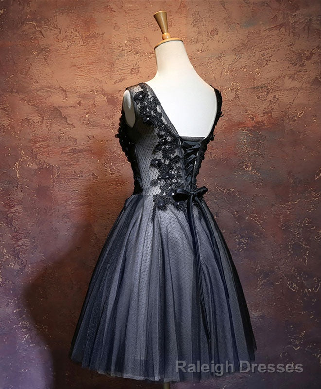 Black V Neck Lace Short Prom Dress, Black Evening Dress