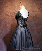 Black V Neck Lace Short Prom Dress, Black Prom Dress