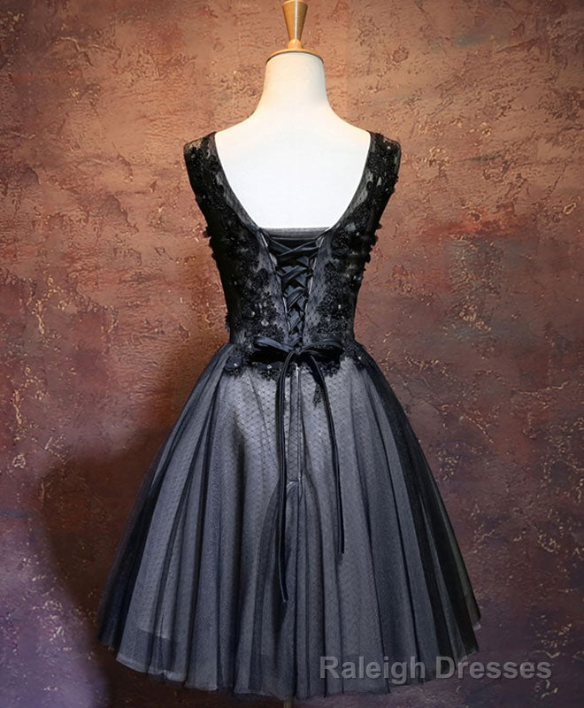 Black V Neck Lace Short Prom Dress, Black Prom Dress