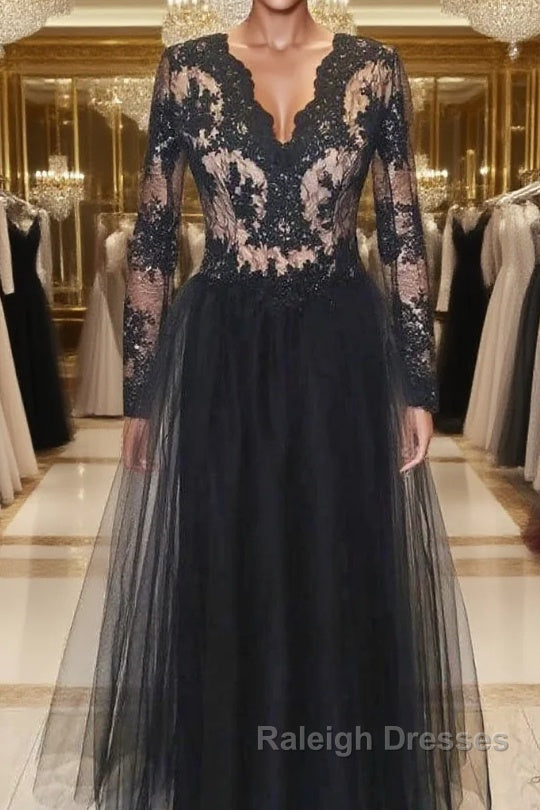 Black v neck lace tulle long Prom Dresses black lace prom Dresses